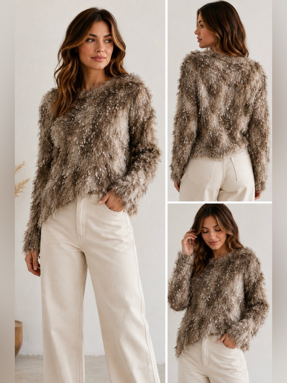 Zara Shaggy Fuzzy Knit Sweater Brown Cream Cozy Textured Small